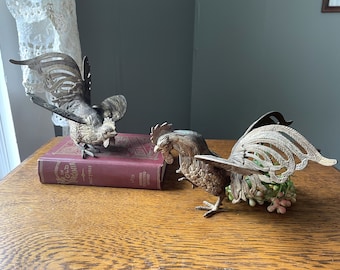 Vintage Pair- Cast Metal Fighting Roosters- Fighting Cocks- Rooster Bookends- Man's Office Decor- Mid- Century Decor- Gold Roosters/ Birds