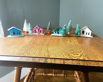 Vintage Set- 4 Glittered Christmas Putz Houses- Made in Japan- Bottlebrush Trees-Christmas Village- Cardboard Village- Angel Pink Tiny House