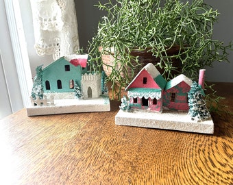 Vintage Pair- Christmas Putz Houses- Midcentury Christmas Decor- Made in Japan- Cardboard Xmas Houses- Sponge Trees- Pink/ Blue Christmas