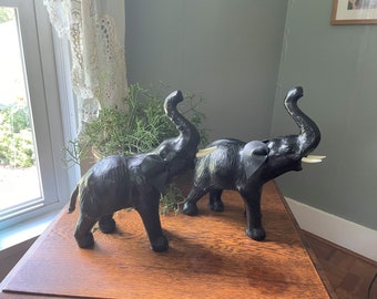 Vintage Pair- Leather- Wrapped Elephant Statues/ Figurines- African Elephants- Jungle Decor- Leather Animals- Trunk Up Elephants