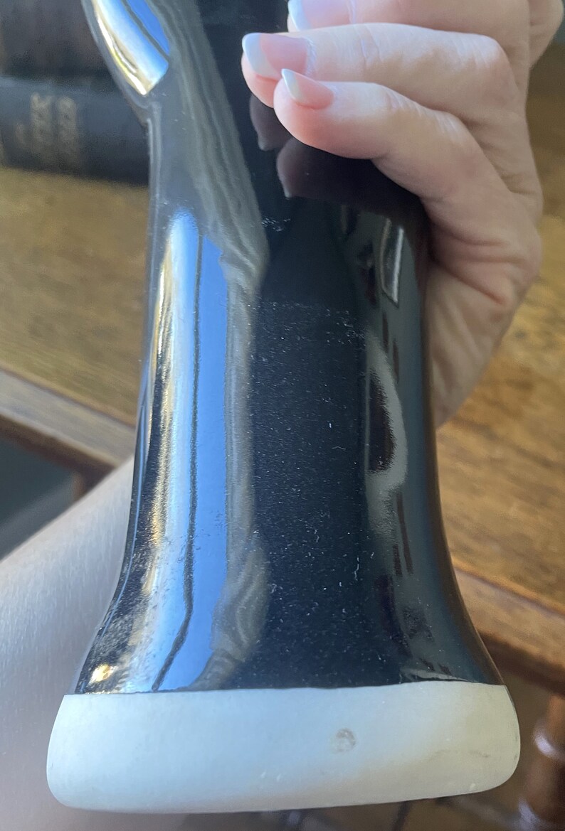 May include: Black ceramic vase with a white base. The vase has a glossy finish and is shaped like a tall, slender bottle.
