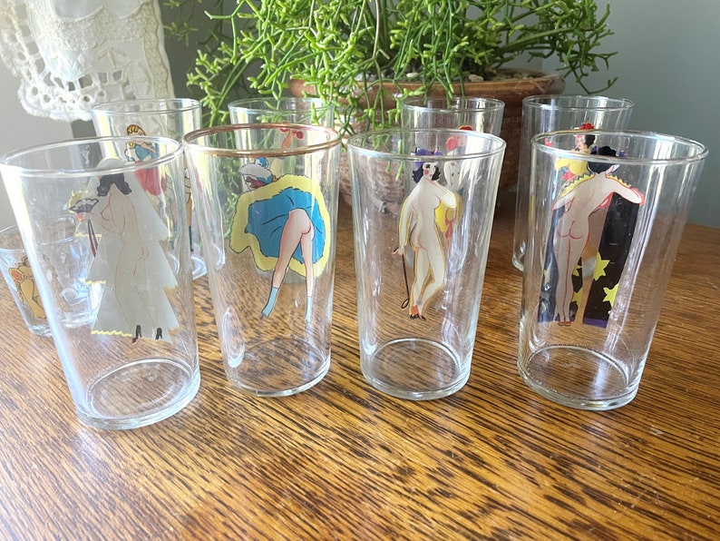 Vintage Set of 9 Pin-Up/ Nudie Drinking Glasses Art Deco Peekaboo Glasses Gift Man Cave Barware Vintage Pin Up Gift Vintage Barware image 6