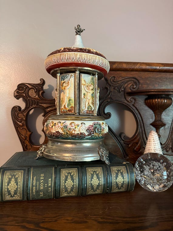 RARE- Vintage WORKING Capodimonte Reuge Cigarette Dispenser- Lipstick  Carousel- Italy 1960s- Menuet De Mozart- Bacchus Engraving- Cherubs