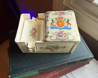 Vintage Handpainted Covered Ashtray – Made in Japan – Floral Roses & Heraldic Crest – Mid Century Ceramic Trinket Dishes- Ashtray Set