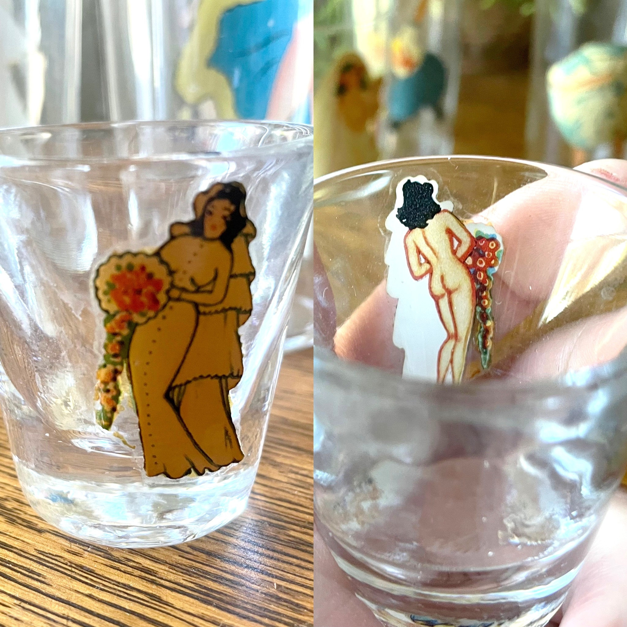 Vintage Set of 9 Pin-up/ Nudie Drinking Glasses- Art Deco