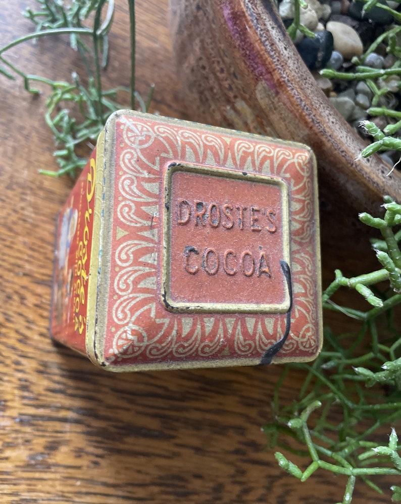 Vintage Droste's Cocoa Tin Hot Cocoa Tin Winter Decor Vintage Advertising Tin Holland Chocolate Tin Red Yellow Light Blue Tin Droste image 4