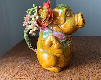 Vintage Gold Majolica Pig Pitcher- Eggnog Pitcher- Branch & Vine Handle- Roman Laurel Wreath Pig- 8'' Syrup Pitcher- Decorative Pitcher