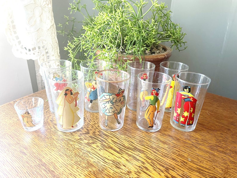 Vintage Set of 9 Pin-Up/ Nudie Drinking Glasses Art Deco Peekaboo Glasses Gift Man Cave Barware Vintage Pin Up Gift Vintage Barware image 2