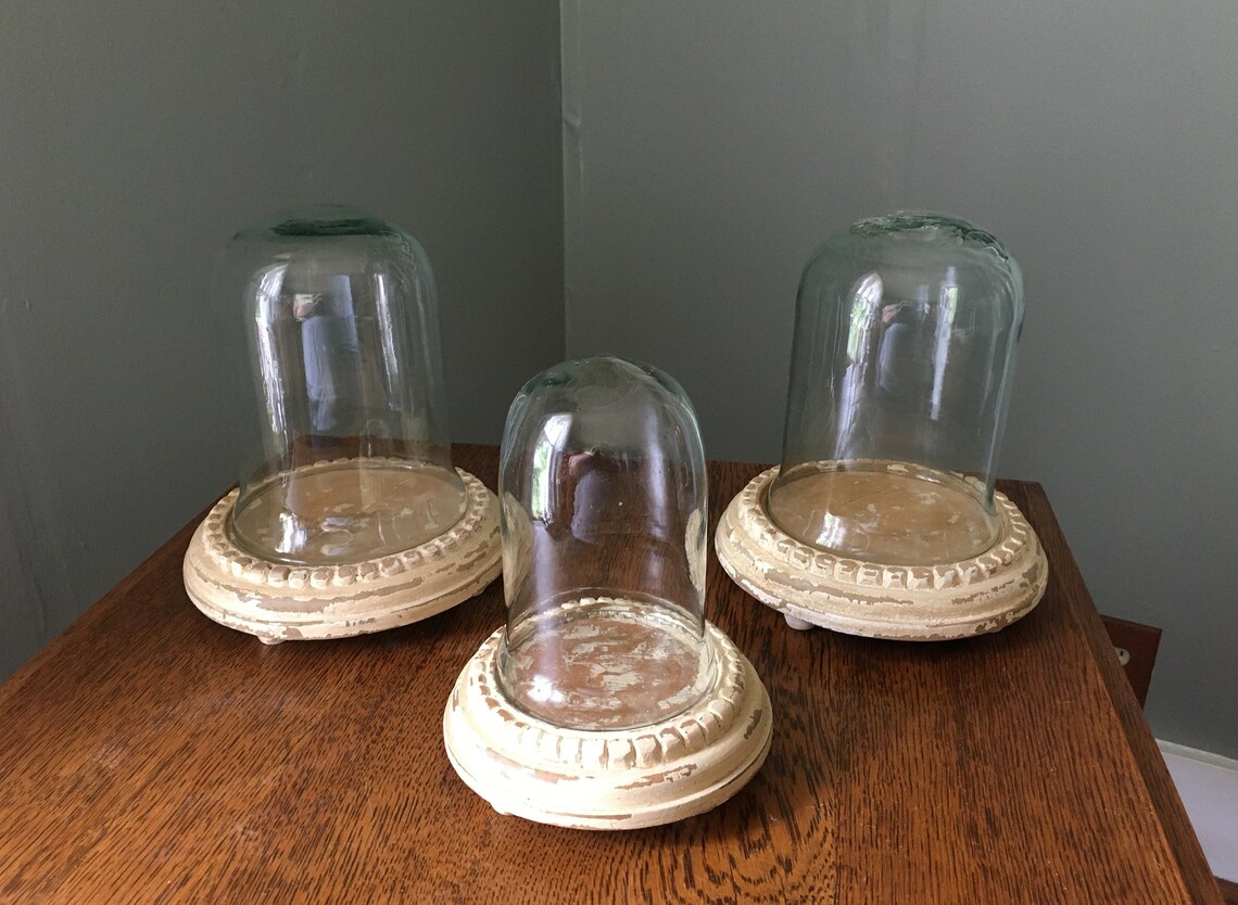 Vintage Glass Cloche/ Glass Dome/ Wood Base Bell Jar Shabby Etsy