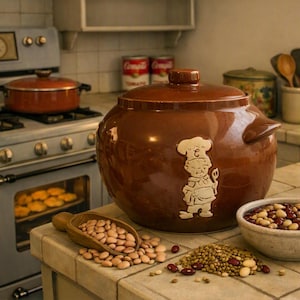 May include: A large, round, brown ceramic bean pot with a lid, featuring an embossed white chef figure on the front. Beside it sits a wooden scoop filled with light brown beans, a small bowl of mixed beans, and a pile of assorted dried legumes.