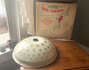 Vintage Holly Time Tree Turner- Midcentury Gold Star Atomic Metal Revolving Christmas Tree Stand- 1960's White/ Gold Christmas Tree Base