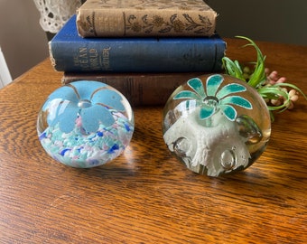 Vintage Blown Glass Paperweight- Blue Flowers/ Pink- Blue Pastels- Green Flower- Green & White Glass Sphere- Large Glass Paperweights