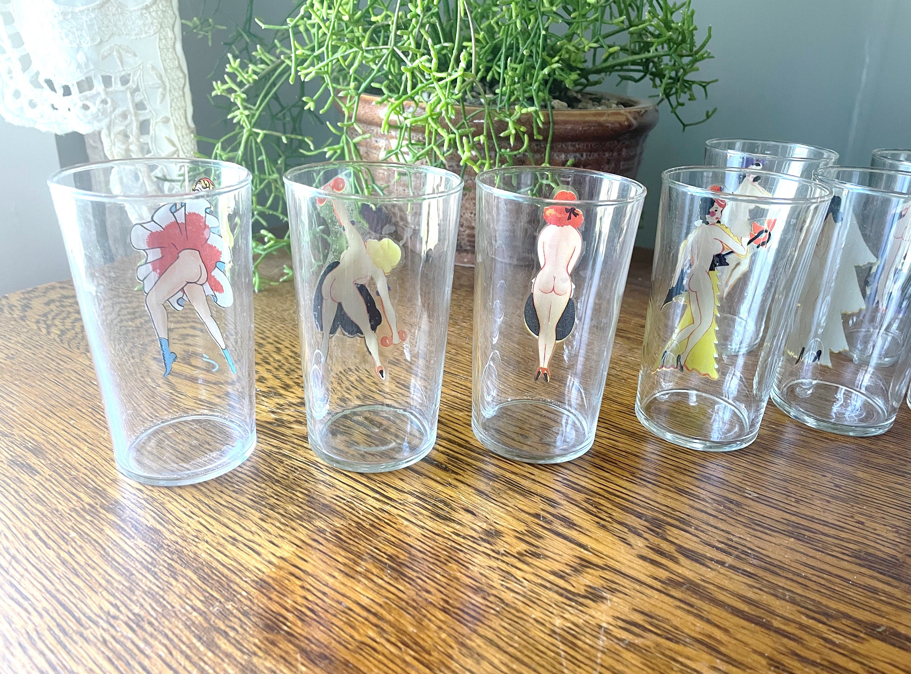 Vintage Set of 9 Pin-up/ Nudie Drinking Glasses- Art Deco