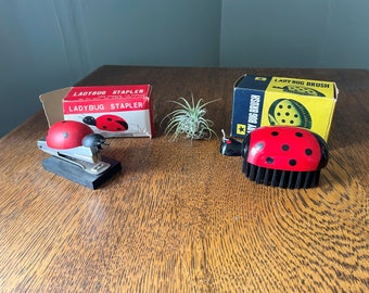 Vintage Pair- Lady Bug Mini Stapler- Lady Bug Lapel Brush- Vintage Office Supplies- Ladybug Office Decor- Kitschy Decor- Gift Lady Bug Lover