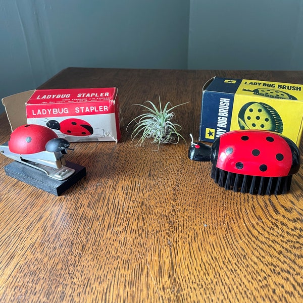 Vintage Pair- Lady Bug Mini Stapler- Lady Bug Lapel Brush- Vintage Office Supplies- Ladybug Office Decor- Kitschy Decor- Gift Lady Bug Lover