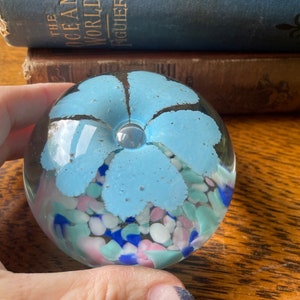 Vintage Blown Glass Paperweight- Blue Flowers/ Pink- Blue Pastels- Green Flower- Green & White Glass Sphere- Glass Paperweight Mother&#39;s Day