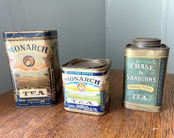 Vintage Tea Tins- Monarch Tea- Chase & Sanborn's Orange Pekoe Paper Label- Vintage Advertising- Tea Tin Planters- Collectible Tins