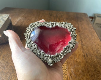 Vintage Ornate Heart- Shaped Glass & Metal Jewelry Box- Vanity Jewelry/ Ring Box- Floral Design Trinket Box- Heart- Shaped Jewelry Casket