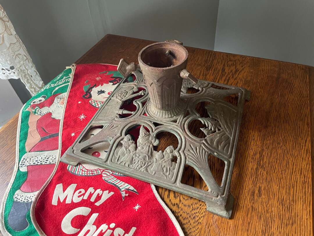 Vintage Early 1900's Cast Iron German Christmas Tree Stand With Elves