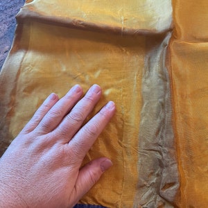 May include: A gold sheer fabric with a blue trim. The fabric is folded in half and a hand is resting on top of it.