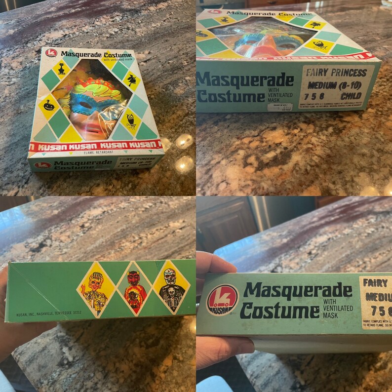 May include: A vintage Kusan brand fairy princess masquerade costume box with a green and white design. The box features a picture of a child wearing a mask and a fairy princess costume. The text on the box reads "Masquerade Costume with Ventilated Mask Fairy Princess Medium (8-10) 758 Child".
