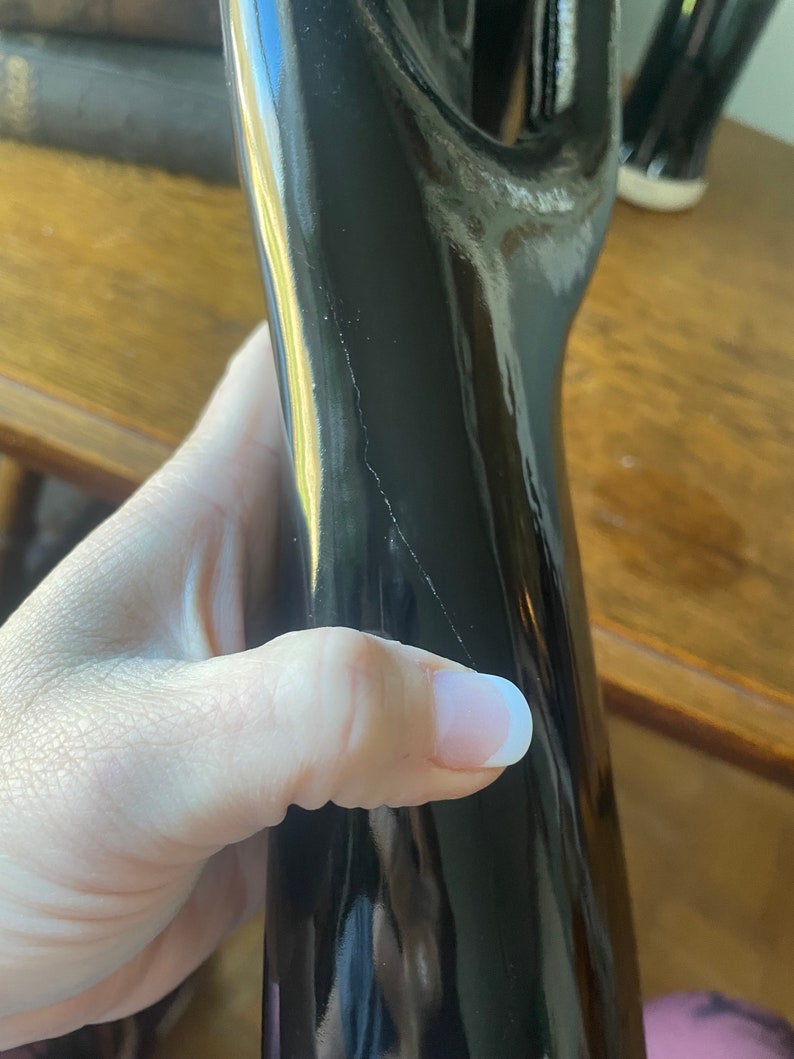 May include: A black, glossy, wooden walking stick with a slight crack in the finish.