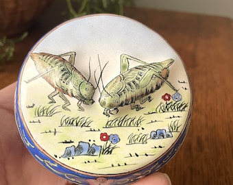 Vintage Enameled Brass Trinket Box with Grasshoppers- Cottagecore- Spring Decor- Curiosity- Bug/ Insect Vintage Display- Gift Insect Lover