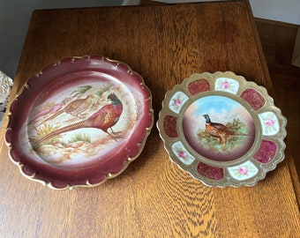 Vintage Pair- Wild Game Bird/ Pheasant Plates- Royal Vienna Gilt Cabinet Plate- Bayreuth Bavaria Grouse Plate- Hunting Theme Plates- Vintage