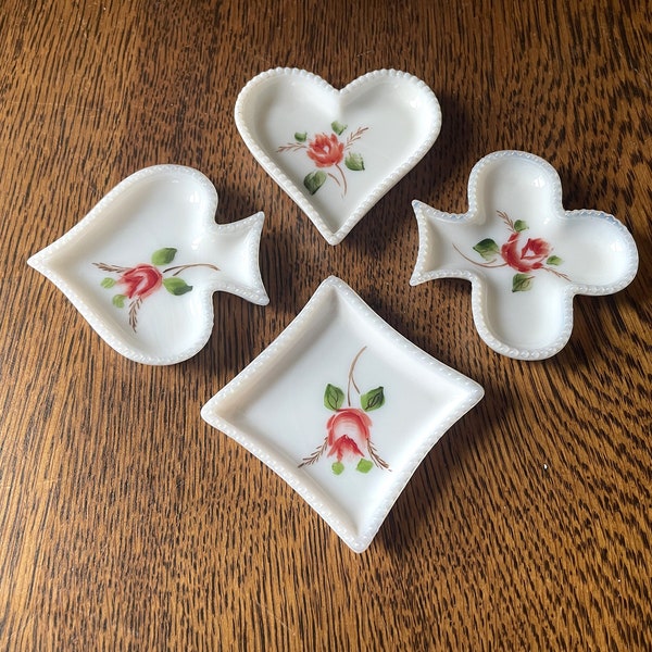 Vintage Milk Glass Card Suits Trinket Dishes- Handpainted Pink Roses-Vanity Decor- Cottagecore- Shabby Chic Feminine Decor- Pink, White Dish