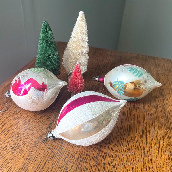 Vintage Set of 3 Teardrop Christmas Ornaments-  Pink, Silver, & Blue Vintage Christmas Bulbs- Shabby Chic Christmas- Retro Glass Ornaments