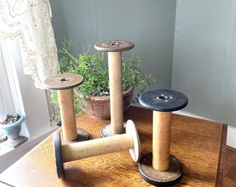 Vintage Lot- 4 Large Wooden Industrial Spools- Wooden Hat Stands- Vintage Large Wooden Bobbins- Industrial Decor- Akron Spool Co- Farmhouse