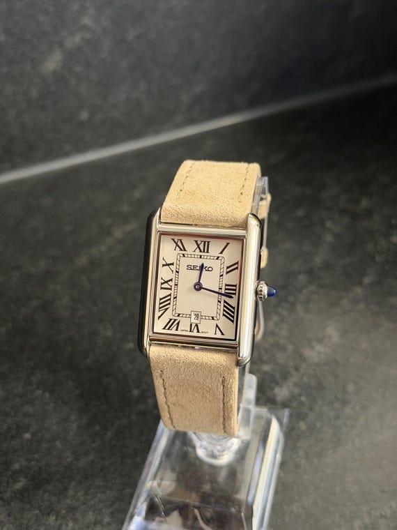 Custom Rectangular Dress Watch – Japanese Quartz Movement – Roman Numeral Dial – Suede Leather Strap – Handpicked Timepiece