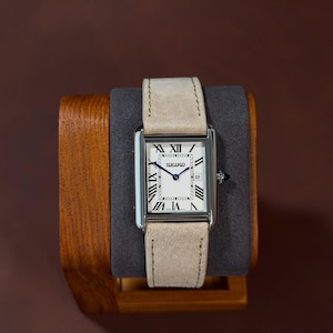 Custom Rectangular Dress Watch – Japanese Quartz Movement – Roman Numeral Dial – Suede Leather Strap – Handpicked Timepiece - Seiko Tank