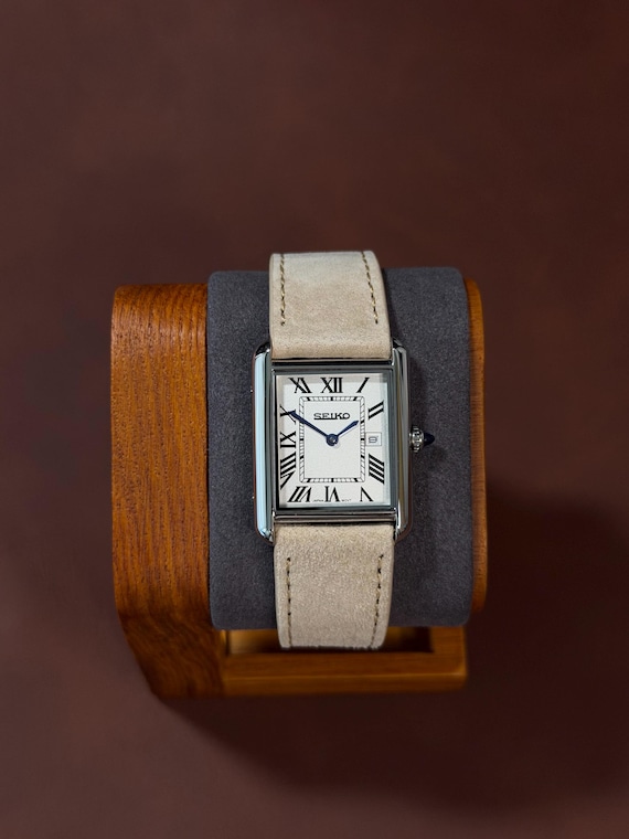 Custom Rectangular Dress Watch – Japanese Quartz Movement – Roman Numeral Dial – Suede Leather Strap – Handpicked Timepiece - Seiko Tank