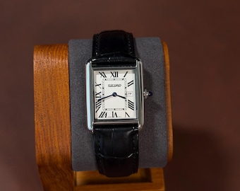 Custom Rectangular Dress Watch – Japanese Quartz Movement – Roman Numeral Dial – Suede Leather Strap – Handpicked Timepiece - Seiko Tank