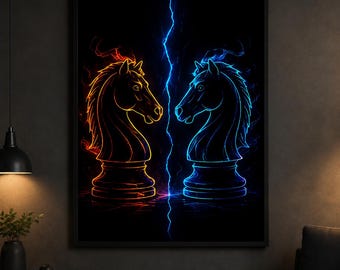 20 Neon Chess Wall Art Prints Bundle | Printable Chess Decor | PDF & PNG Digital Download | Modern Gaming Room Decor