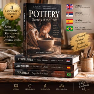 Puede incluir: Una pila de cuatro libros de tapa dura titulados Pottery: Secrets of the Craft por Dordevic Dragan. La portada muestra un primer plano de manos dando forma a un cuenco de arcilla en un torno. El texto incluye A Journey Through History, Techniques and Inspiration.