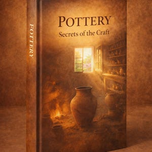 Puede incluir: Un libro titulado "POTTERY Secrets of the Craft" con una cubierta marrón. La imagen de la portada representa un estudio de cerámica con una ventana, cerámica y un horno. La palabra "POTTERY" también está impresa en el lomo.