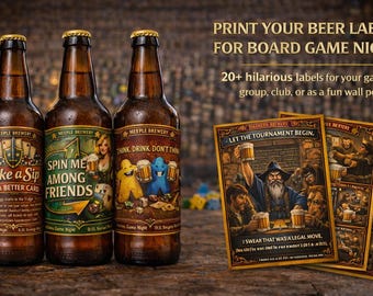 Funny Board Game Beer Labels & Posters – 20 Gamer Party Designs (Digital Download)