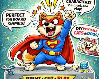 Printable Board Game Pieces Cats and Dogs, 40 Funny Characters, DIY Tabletop Miniatures, Print and Play Game Tokens, Instant Download