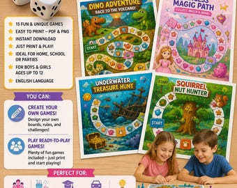 15 Printable Board Games for Kids PDF PNG Bundle, DIY Family Games, Instant Download, Screen Free Activities, Travel Games for Boys & Girls