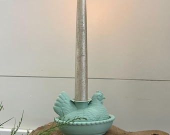 Custom Hen on Nest Taper Candle Holder, Farmhouse Chicken Decor, Rustic Centerpiece