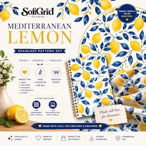May include: A digital design set titled Mediterranean Lemon by SoftGrid Studio featuring a seamless pattern of yellow lemons and dark blue leaves. The set includes a spiral notebook, fabric swatch, and text details about PNG and JPG file formats.