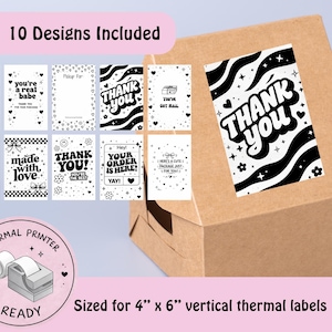 May include: A collection of ten black and white label designs, including "Thank You" and other phrases, suitable for 10.16cm x 15.24cm vertical thermal labels. A brown cardboard box has a "Thank You" label on it. A pink circle shows a thermal printer.