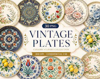 Clipart de pratos de cerâmica vintage com estampa floral | Porcelana azul para download digital (30 PNGs)