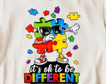 It’s OK To Be Different Autism Awareness PNG | Puzzle Piece Dab Character | Rainbow Quote | Kids Shirt Sublimation DTF | Instant Download