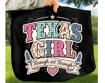 Texas Girl Through and Through PNG, Western Cowgirl Sublimation Design, Pink Teal Patchwork Typography Shirt Graphic Download