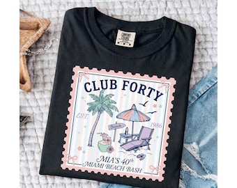 Club Forty Postage Stamp PNG, Retro Beach Birthday PNG, Miami Sublimation Design, 40th Birthday PNG for Her, Summer Party Png, Shirt Design