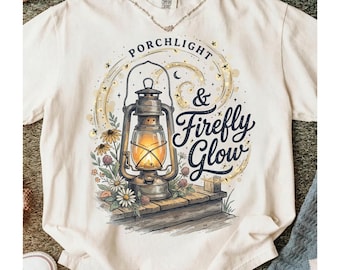 Porchlight & Firefly Glow PNG Shirt Design, Rustic Summer Night Lantern Floral Sublimation Download