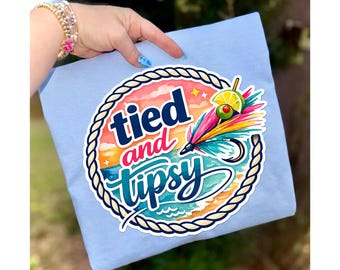 Tied and Tipsy Preppy Fishing PNG, Fly Tying Cocktail Tee Design, Colorful Coastal Summer Sublimation Graphic